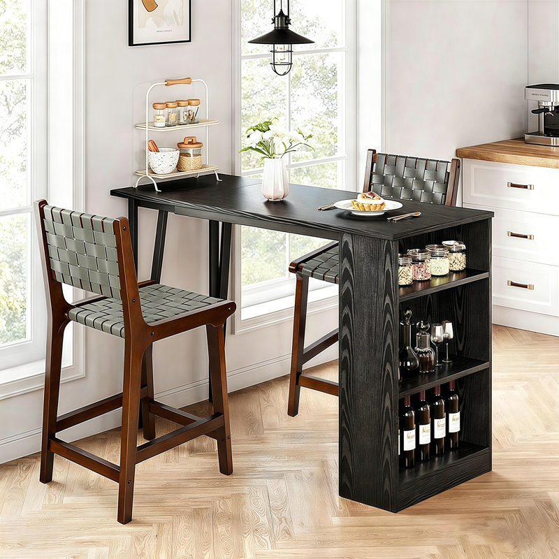 24" Seat Height Counter Stools Set of 2, Faux Leather Woven Strips Upholstery with Walnut Finish Solid Wood Frame, Bar Stools for Kitchen Island, Pub & Living Room, Grey