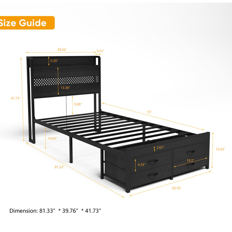 Twin Size Metal Bed Frame with Headboard and Storage Drawers, Black Platform Single Bed Frame, Heavy Duty Twin Bed No Box Spring Needed, Modern Metal Twin Bed Frame for Kids Teens Adults
