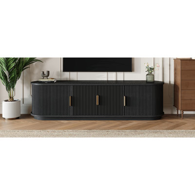 [Assembly Video] Farmhouse Wooden TV Stand With Sliding Tambour Door For Tvs Up To 75", Fluted Media Console With Adjustable Storage, Golden Handle TV Cabinet With Cable Holes For Living Room, Black