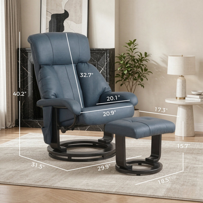 Fauteuil de massage pivotant moderne avec repose-pieds, fauteuil lounge en bois et cuir PU bleu, Bleu