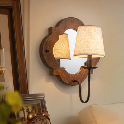 Farmhouse Wooden Mirror Fabric Shade Wall Sconce
