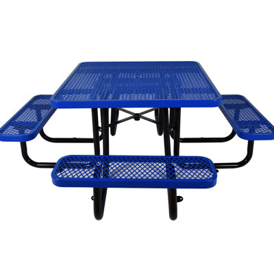 Square Robust Steel Picnic Table 46" Blue - Umbrella Pole Fitted For Outdoor Picnics And Camping With Frame Strong Portable,