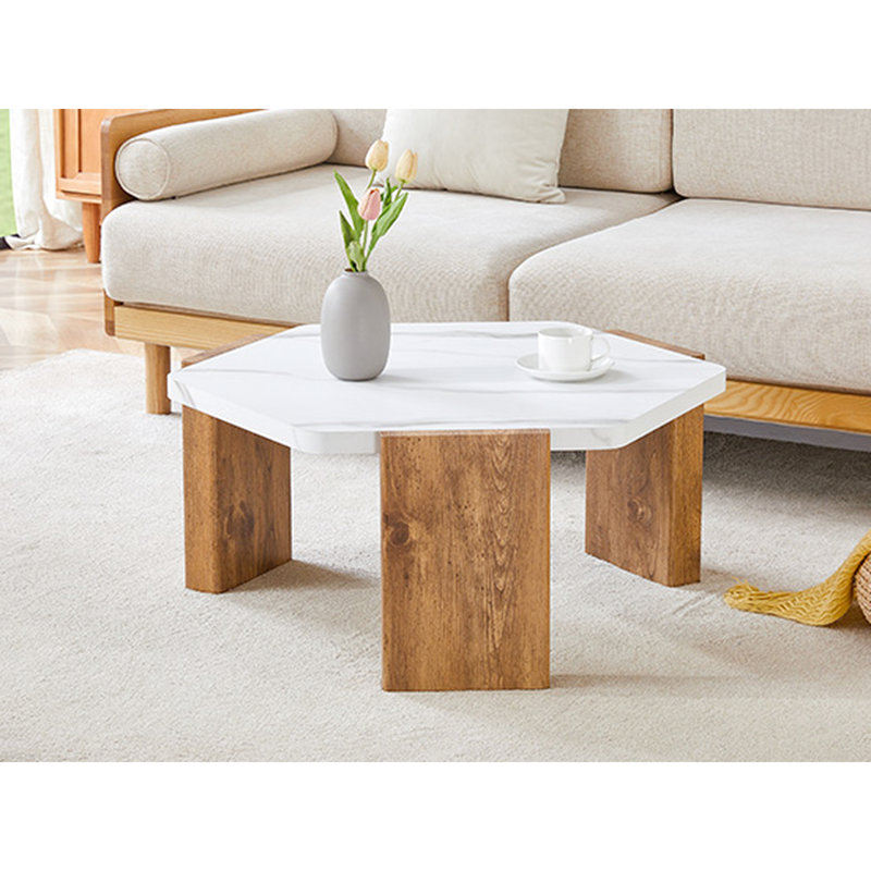 Table basse blanche de 31 po avec plateau texturé, base de support triangulaire, capacité de poids de 250 lb, assemblage simple pour les salons et les cafés - blanc, table basse de 31 po, moderne, pentagonale,