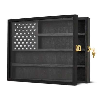 American Flag Wooden Challenge Coin Display Case, Lockable Acrylic Door Wall‑Mount Coin Holder for Medals & Collectibles, Black, 15 x 11 In
