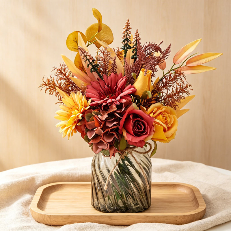 Fleurs artificielles artificielles avec vase, roses en soie artificielle et hortensias pour les décorations de table de salle à manger de cuisine de ferme, décor d'automne pour bureau à domicile rouge foncé