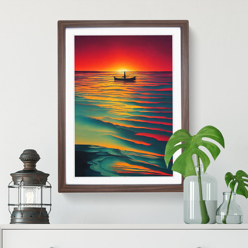 Boat And The Ocean Sunset - Print, Walnut Framed, 66cm H x 48cm W x 2cm D, White