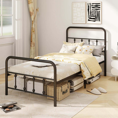 Twin Size Bed Frame with Headboard Under Bed Storage No Box Spring Needed Black