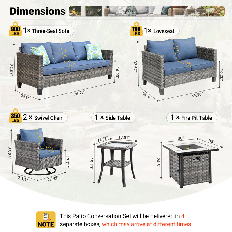 Lovall Rattan Wicker 7 - Person Seating Group with Fire Pit and Cushions, Denim Blue