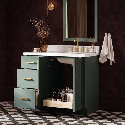 Meuble-lavabo rectangulaire simple de 42 pouces avec décalage à droite et comptoir en quartz blanc de Carrare de 1,5 pouce, couleur vert vintage