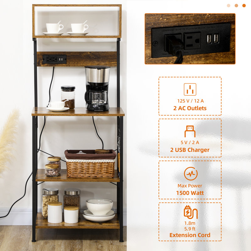 Rustic Brown Adjustable Kitchen Baker's Rack with Power Outlet