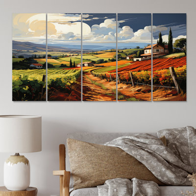 Vineyard Rows Of Ruby Landscape - ferme impression sur toile - 5 panneaux égaux