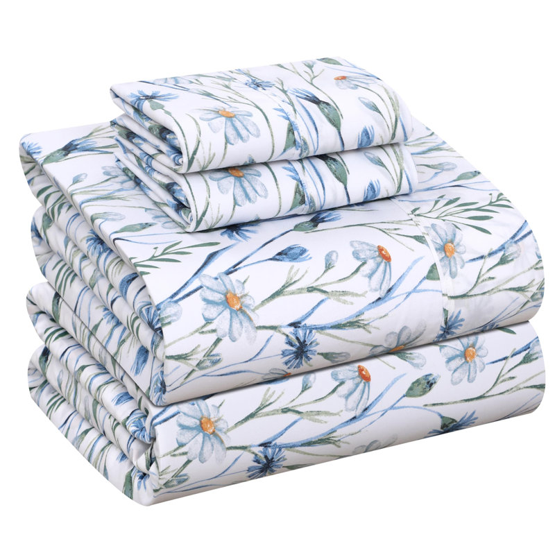 Ensemble de draps 100% coton biologique 4 pièces, Floral à bourgeons de marguerite