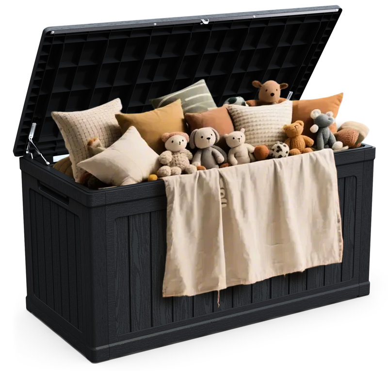 Coffre de terrasse Xxl d'une capacité de 230 gallons, résine imperméable et verrouillable noire, idéal pour ranger les outils de jardin et les coussins extérieurs, durabilité à double paroi, système de levage facile, capacité de charge de 440 lb,