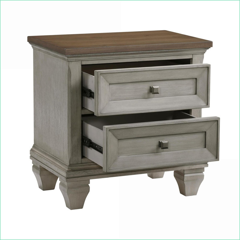 Table de chevet 2 tiroirs gris / brun antique avec placage d'acacia