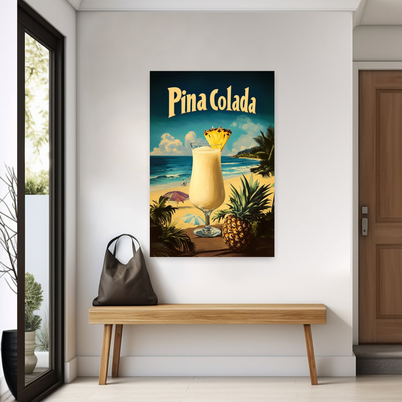 «Retro Pina Colada Beach», art abstrait rétro, palmier, plage, océan, H 60 po x l 40 po