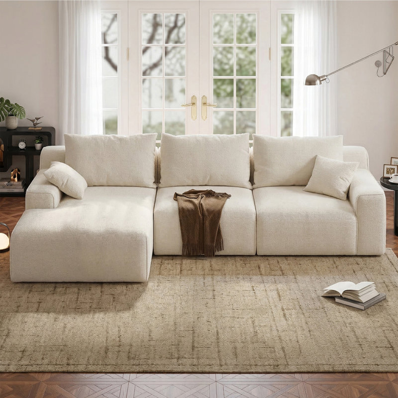 Boneless 97" L L-Shaped Boneless Sofa with Chaise Lounge, Tool-Free Setup, Modular Sectional Couch with Ottoman & Pillow for Living Room, Bedroom, Upholstered Corduroy/Checkered Couch