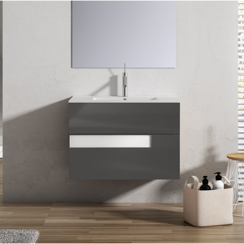 Ensemble de meuble-lavabo mural simple 32 po Malika, Gris / Blanc