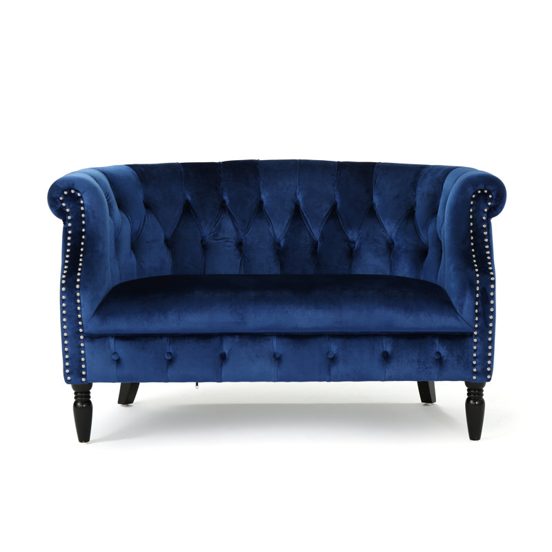 Causeuse Chesterfield en velours à accoudoirs roulés 51,5 po Charlotte, Velours bleu