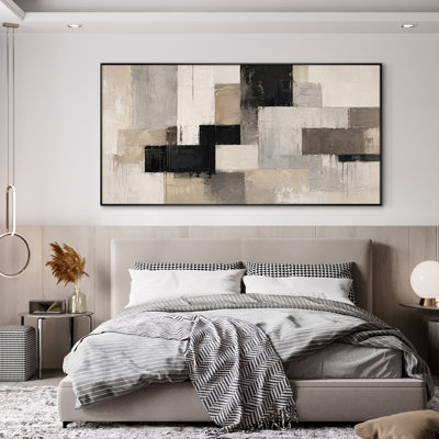 Extra Large Wall Art Fabric Print - Beige Black Neutral Abstract Geometric Blocks Modern Office Decor - "Frame Assembly Required (Unfinished Frame)"