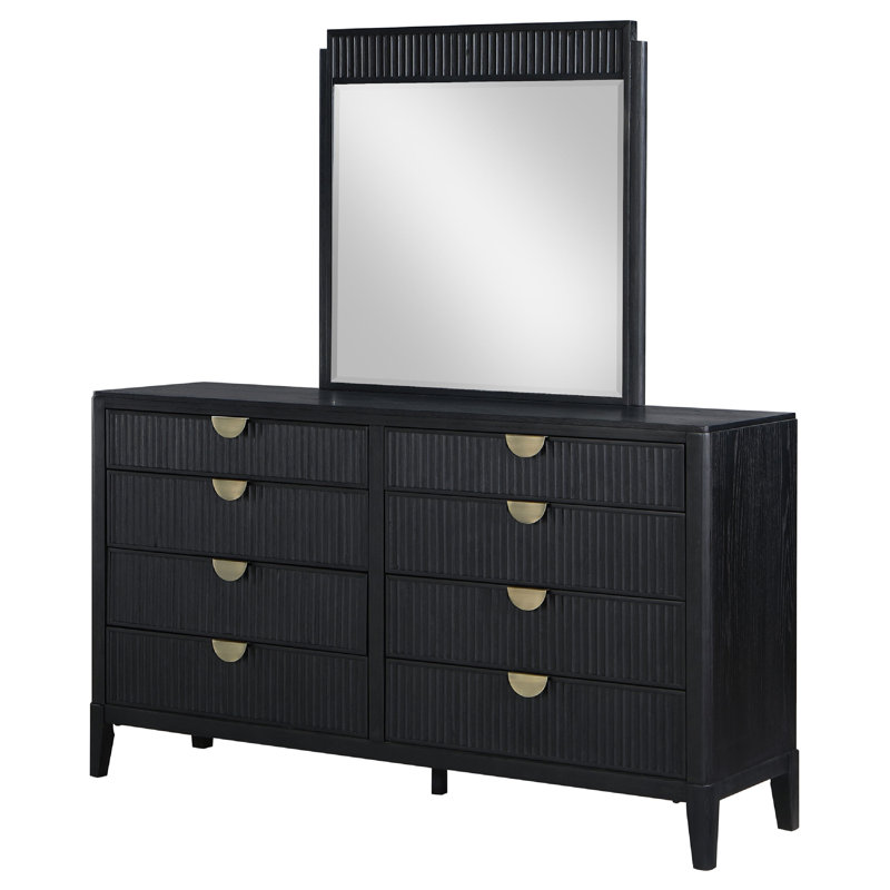 Commode large Jack avec miroir, 8 tiroirs, structure en bois noir