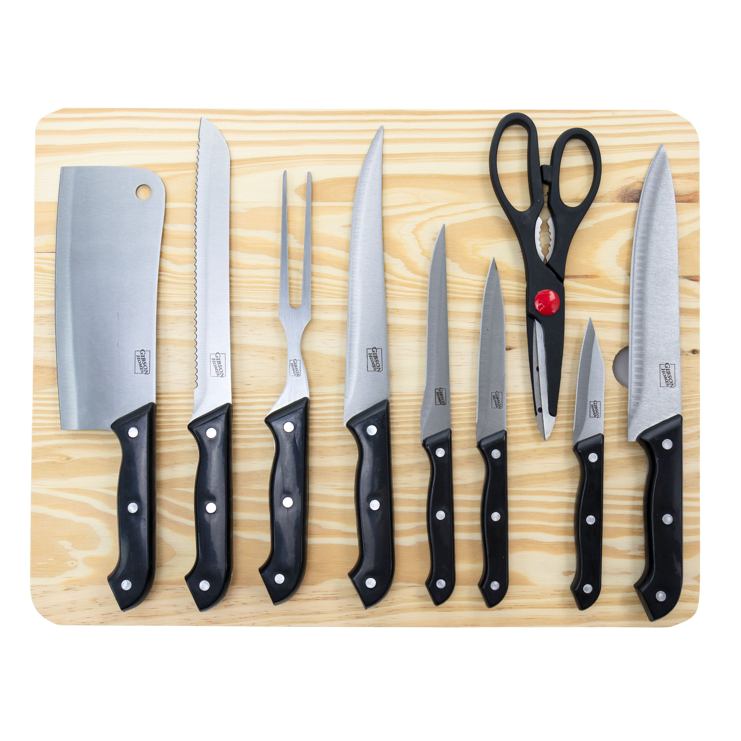 Gibson Home Wildcraft 15 Piece Black Cutlery Set with Cutting Board -  Includes Santoku, Carving, Bread, Utility, Paring Knives, Steak Knives,  Scissors in the Cutlery department at