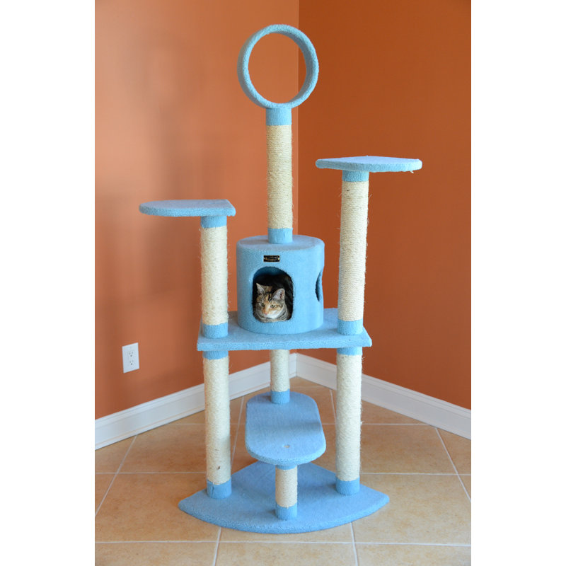 Sky Blue 65-Inch Faux Fleece and Sisal Cat Tree