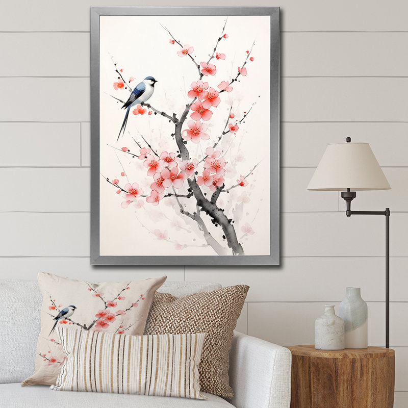 «Asian Art Sumi Bird Serenity IX», reproduction sur toile, H 40 po x l 30 po x P 1,5 po, Cadre photo argenté