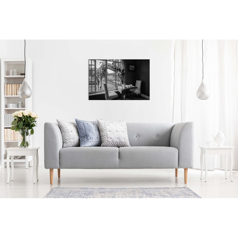 Panther Print Fine Art Prints Black & White Giraffe Eat Breakfast Artistic Framed Canvas Prints, Pictures For Home Walls, Bedroom, Living Room & Bathroom Decor - Wrapped Canvas Art Prints