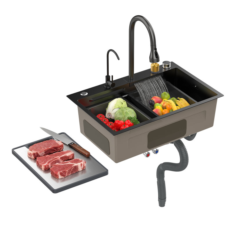 Évier de cuisine noir, évier à simple cuve en acier inoxydable, évier de poste de travail encastré / sur comptoir, évier de poste de travail de ferme avec plusieurs accessoires