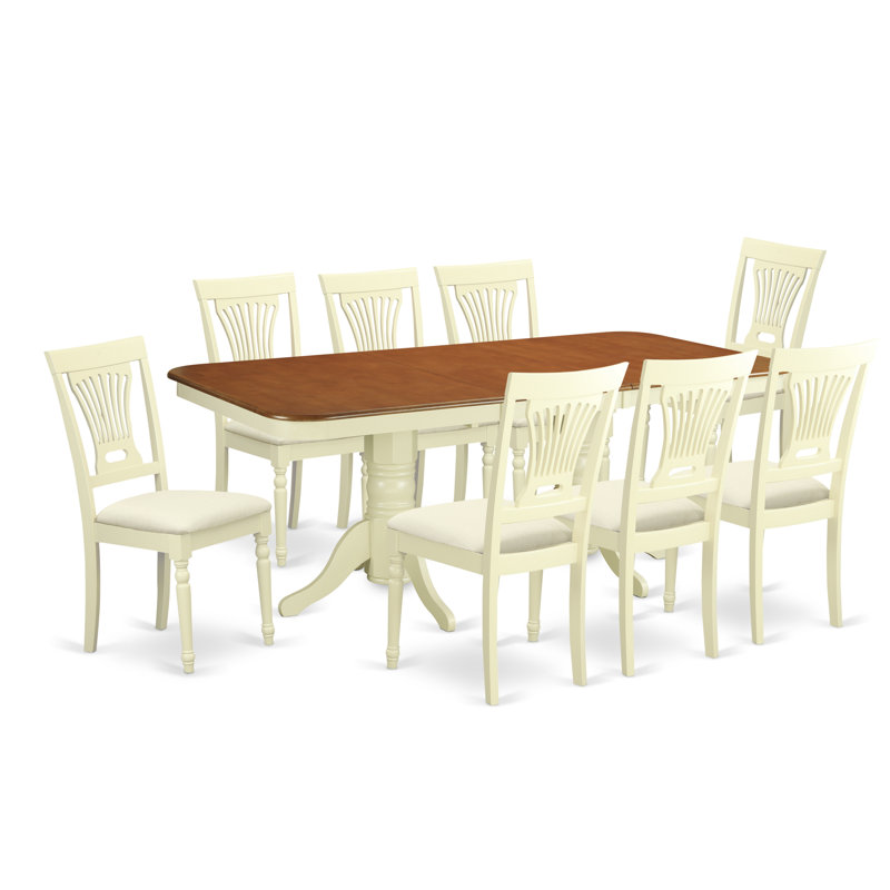 Ensemble de table de salle à manger 9 pièces moderne comprenant une table rectangulaire en bois avec feuille papillon et 8 chaises de salle à manger en tissu de lin, babeurre et cerise