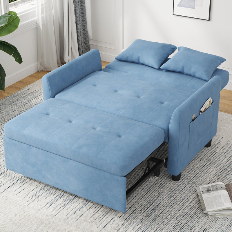 46.5“ Upholstered Pull Out Sleeper Sofa, Modern Convertible Loveseat Bed with Phone Holder & Side Pockets, Blue