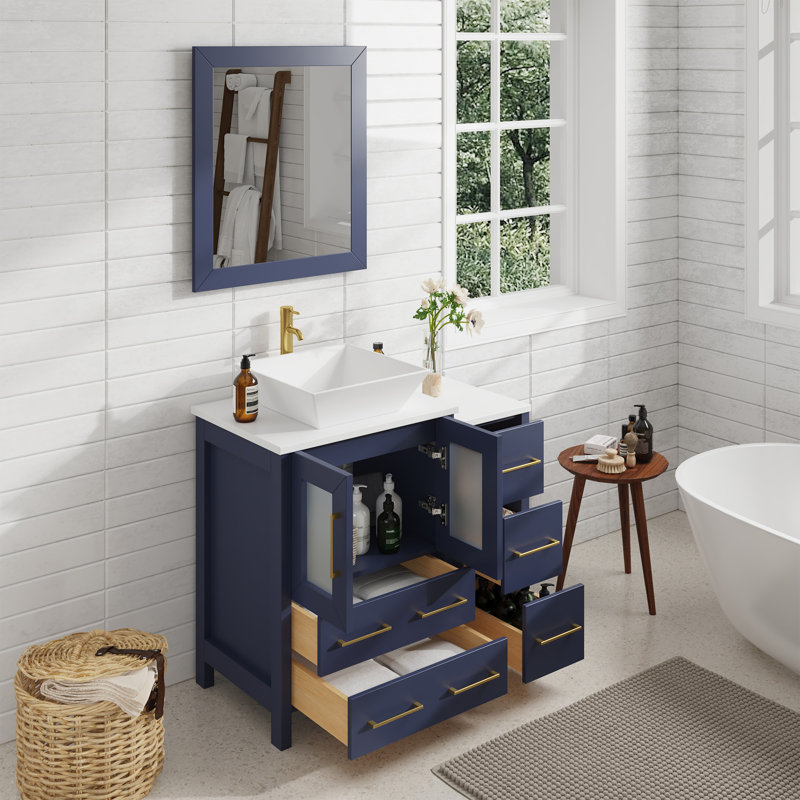 Ensemble de meuble-lavabo sur pied 36 po avec plateau en marbre et miroir assortis Ravenna, Bleu