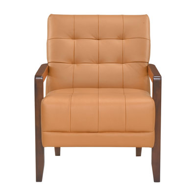 Chaise en cuir orange avec siège confortable et base noyer avec accents contemporains rembourrés de mousse flamboyante