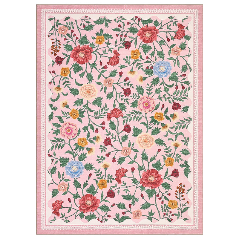 Floral Pink Rugs for Living Room Bedroom 8x10 Farmhouse Washable Area Rugs Soft Stain Resistant Carpet Non Slip Non-Shedding Low-Pile Large Carpet for Home Office Decor