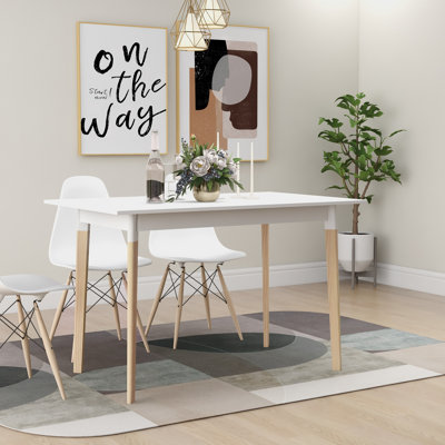 Table de salle à manger moderne 47 po avec plateau rectangulaire en bois massif blanc