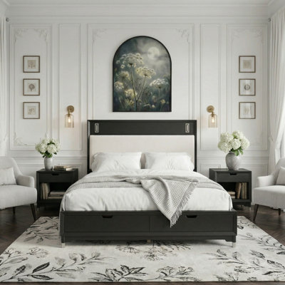 King Size Mid-Century Modern Dark Wood Platform Bed With LED Reading Lights, Underbed Storage Drawers, Upholstered Headboard
