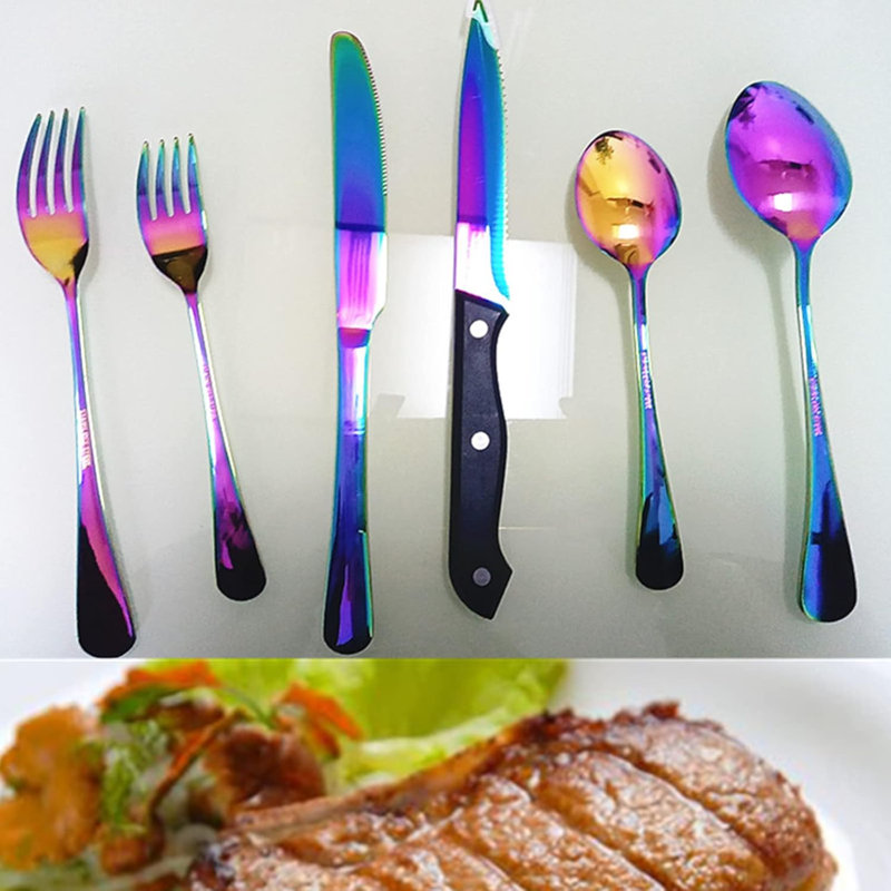 Ensemble de couverts 24 pièces pour 4 personnes en acier inoxydable Rainbow, allant au lave-vaisselle durable avec fourchettes, couteaux, cuillères et couteaux à steak pour un usage quotidien et des occasions spéciales