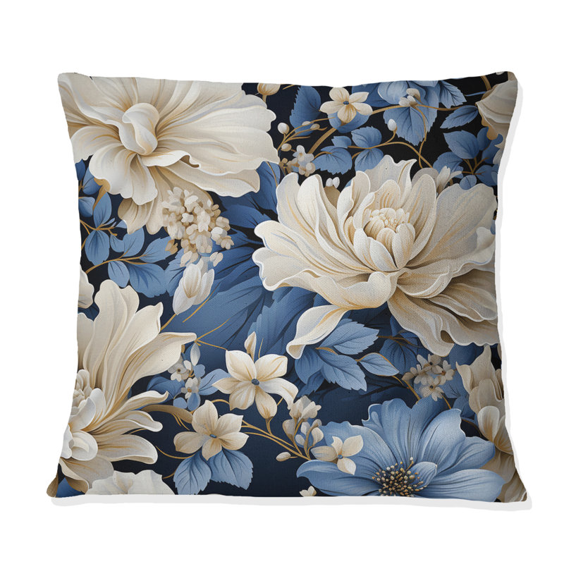 Coussin décoratif à imprimé floral bleu rétro Romance IV, H 18 po x l 18 po