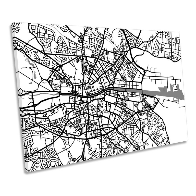 Dublin Map City Minimalistic Ireland B&W - Wrapped Canvas Print, 61cm H x 91.4cm W x 4cm D