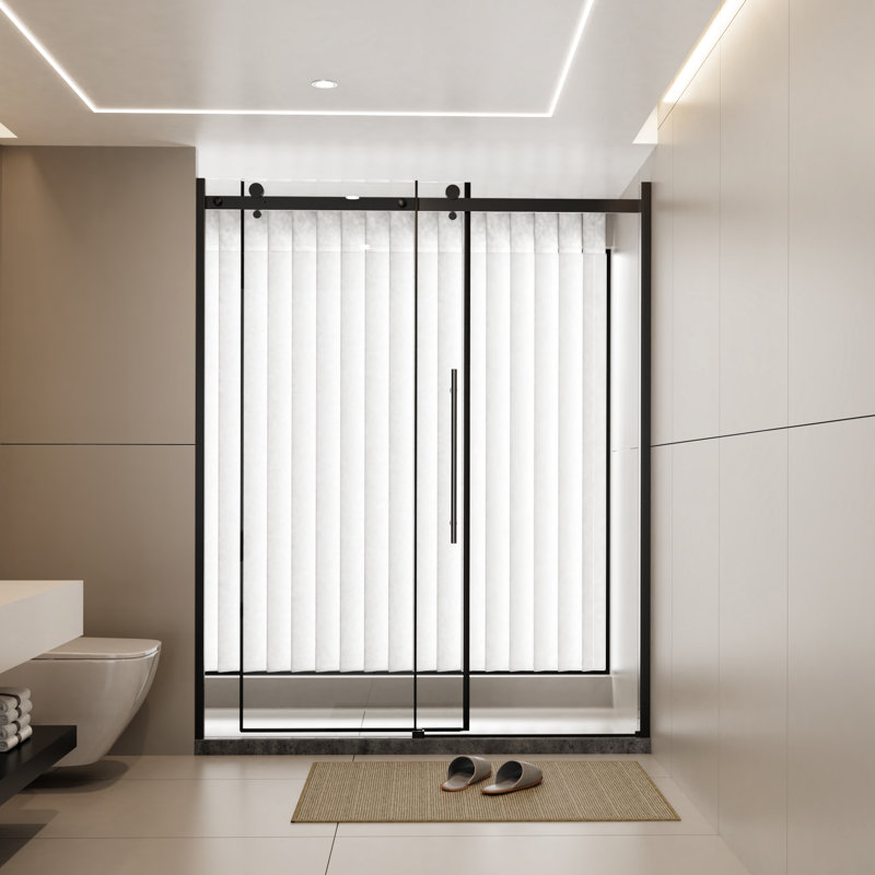 60.In W X 72.In H Single Sliding Shower Door, Tempered Glass, Stainless Steel Handle, Zinc Alloy Rollers, Flair, Matt Black 1/4 Inch Thick Roller Rail, Trendsetting Look,