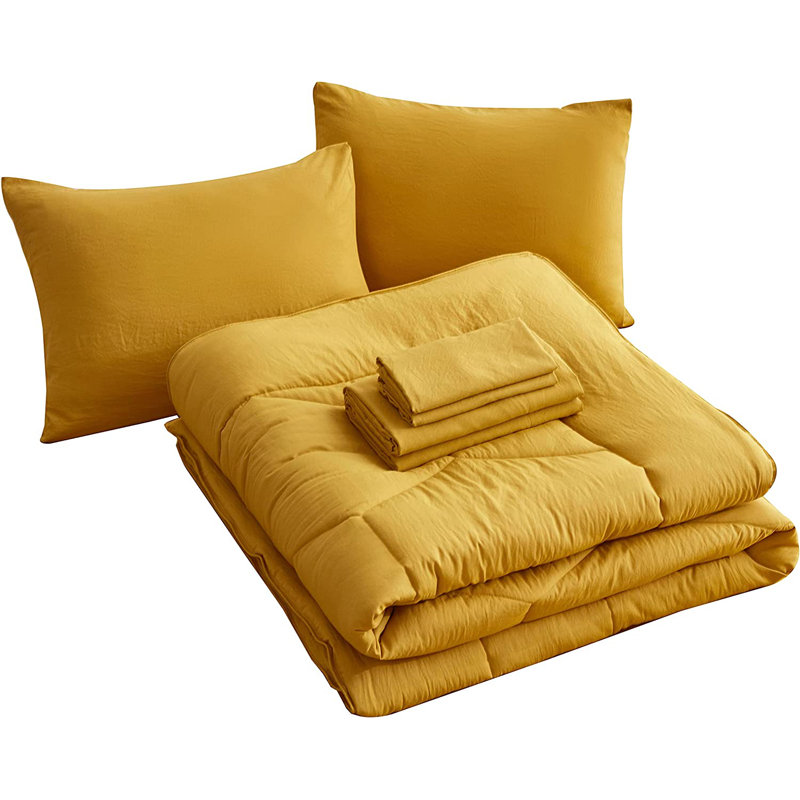 Washed Microfiber 7-Pieces Honeycomb Comforter Set with Sheets, King Comforter + 6 Additional Pieces, Mustard Yellow