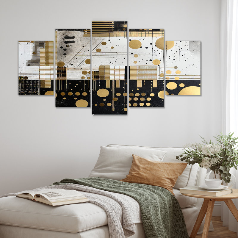 Essential Moon in Gold Black - Abstract Collages, ensemble de 5 décorations murales, H 32 po x l 60 po