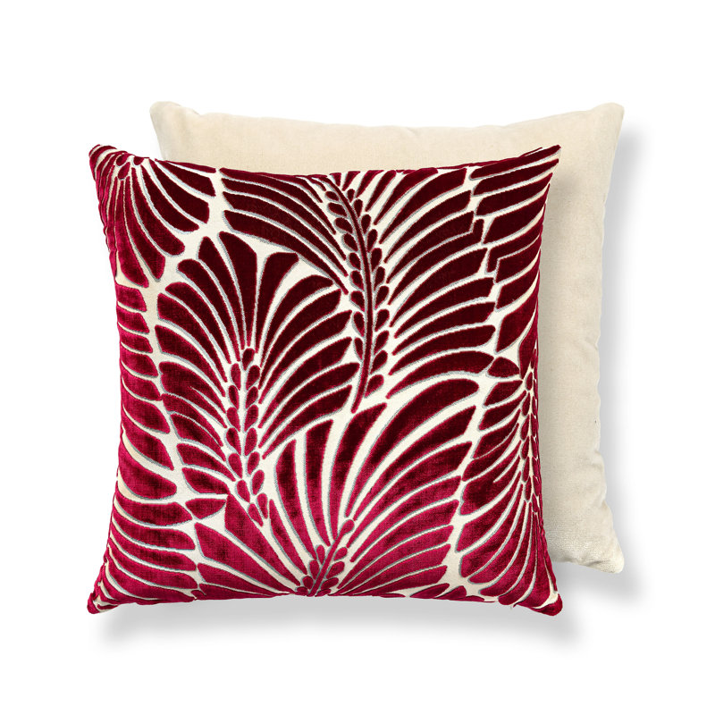 PLUMES / OREILLER EN VELOURS, H 22 po x l 22 po, Carré, Motif floral rouge