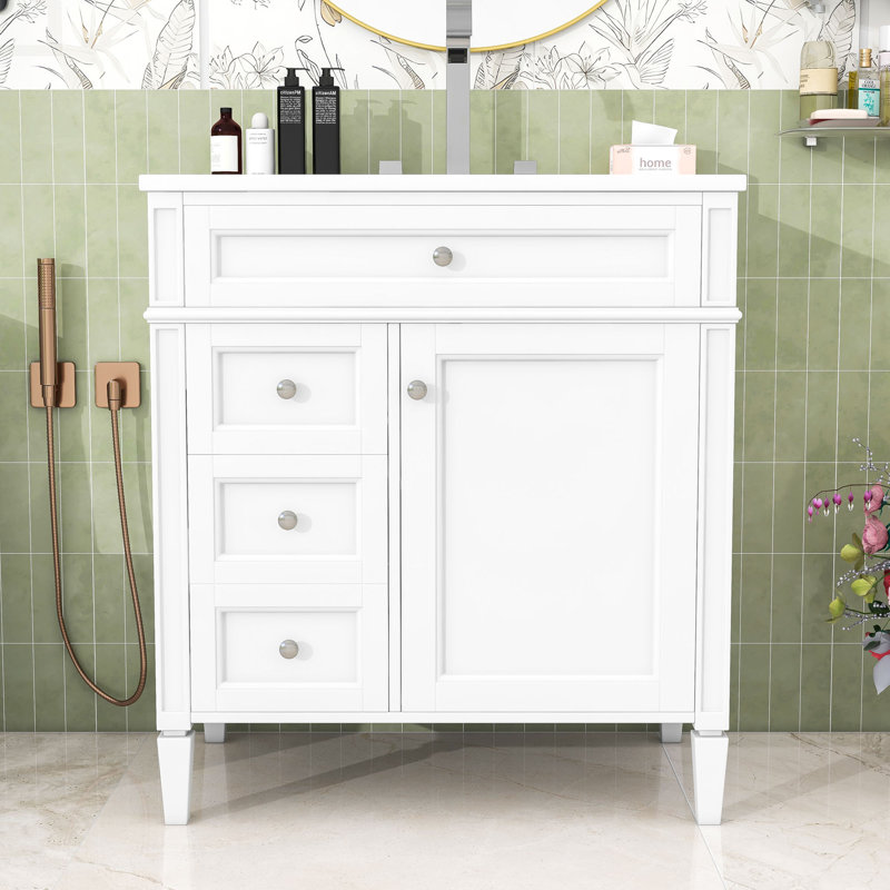 Meuble-lavabo de 30 pouces avec plateau en céramique, porte à fermeture douce et 3 tiroirs, Blanc