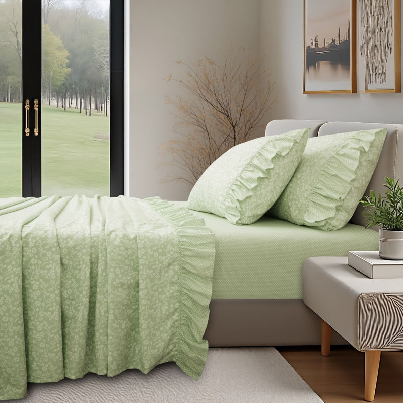 Printed Floral and Polka-Dot Ruffle Sheet Set, Twin, Green