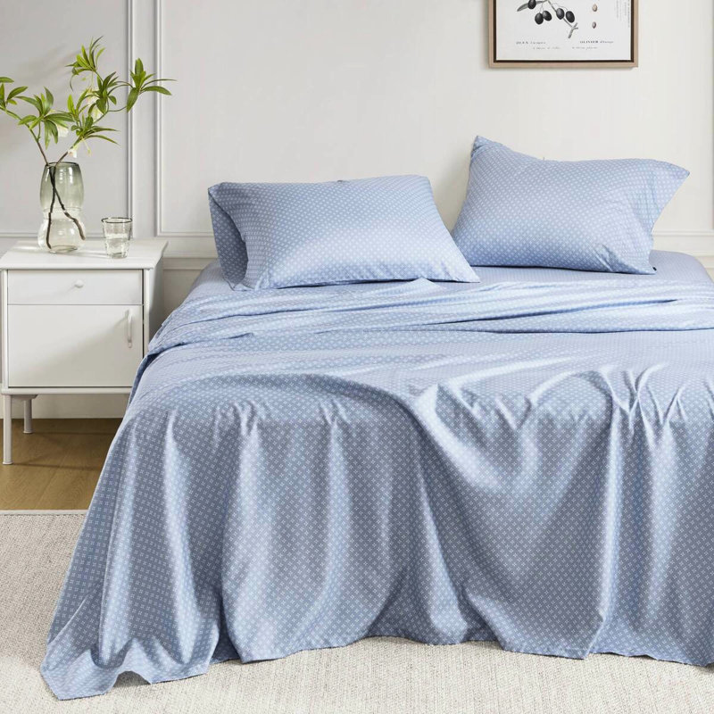 Édredon à imprimé floral avec draps pour lit simple, abat-jour bleu et drap lavable à la machine en grande capacité