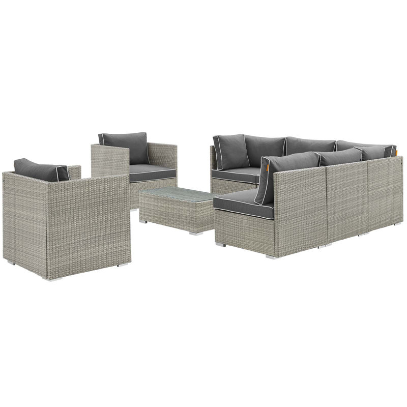 Heinrich 8 Piece Rattan Sectional Set with Cushions, Charcoal