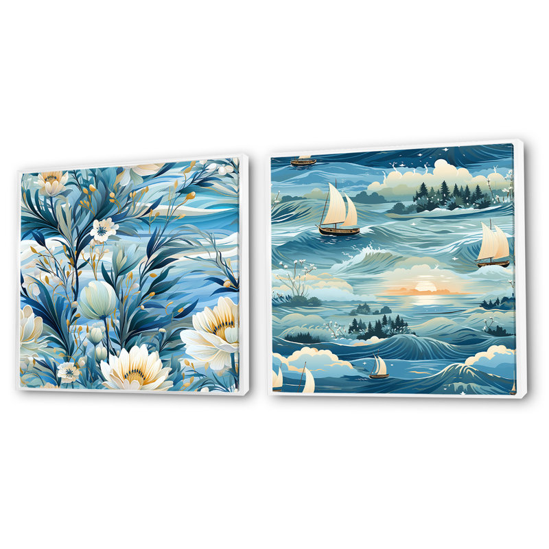 Alleta - Ensemble de 2 collages nautiques et carrés de plage, Cadre flottant blanc, H 30 po x l 61 po