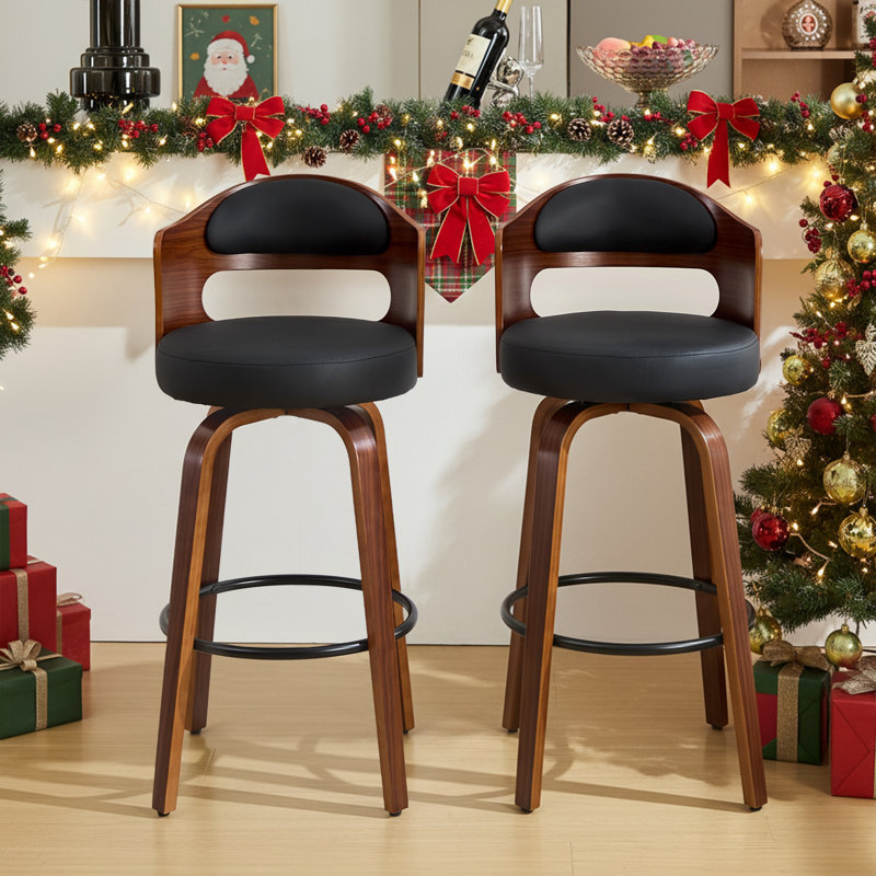 Curved Wood Swivel Barstools-PU Leather best for kitch island,home bar and workspaces, Black, Bar Stool (29.3” Seat Height)