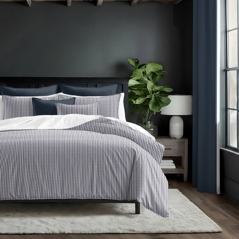 Walker Ticking Stripe Indigo/Ivory Cotton Duvet Cover Set, King Duvet Cover + 2 King Shams